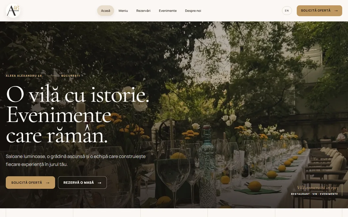 Prima pagină a conceptului de website A46 Venue